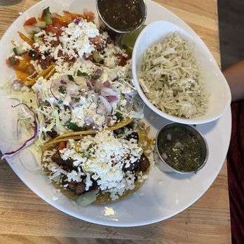 Seis Kitchen - 3 Tacos (left to right: Birria, phoc chuc, al pastor) with a side of cilantro rice - Mexican Near Me - Tucson, Arizona