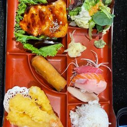 Lunch 3 Items Bento Box Lunch- sashimi, teriyaki salmon, and shrimp tempura Lunch 3 Items Bento Box Lunch- sashimi, teriyaki salmon, and shrimp tempura
