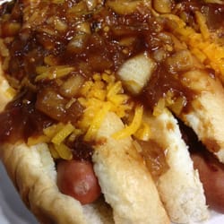 Snap Dogs - Chili, cheese, BBQ onions with mustard. Amazing.