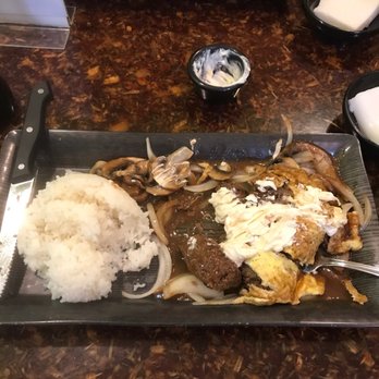 Kehau's Kitchen - Hamburger Steak, scrambled eggs, onions, mushrooms & rice with Mayonnaise - Hawaiian Near Me - Aiea, Hawaii Kehau's Kitchen - Hamburger Steak, scrambled eggs, onions, mushrooms & rice with Mayonnaise - Hawaiian Near Me - Aiea, Hawaii