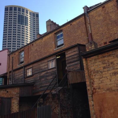 Photo of Susannah Place Museum - The Rocks, NSW, AU. Contrast of old and new