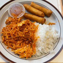 Green Papaya - To Go Order, Pad Thai with chicken with an order of Siam rolls (egg rolls)
