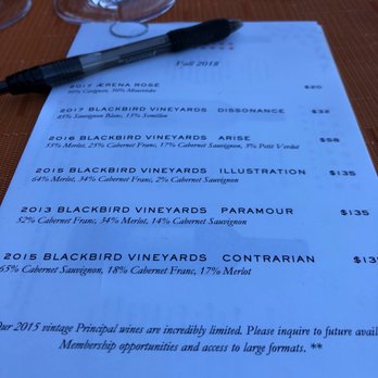 RiverHouse by Blackbird Vineyards - In the fading afternoon light, but this was our tasting list! - Wine Tasting Room Near Me - Napa, California