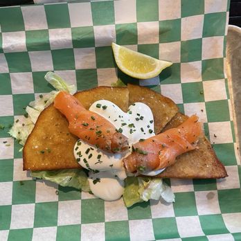 The Inishshor - Boxti: potato pancakes with smoked salmon and sour cream - Seafood Near Me - Colchester, Connecticut The Inishshor - Boxti: potato pancakes with smoked salmon and sour cream - Seafood Near Me - Colchester, Connecticut