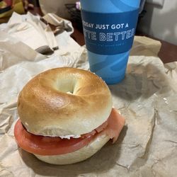 Caribou Coffee - Salmon bagel sandwich and chocolate mint latte
