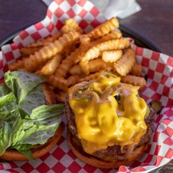J's Penalty Box - Burger with mushrooms, onions, jalapenos, cheddar cheese and bourbon sriracha sauce