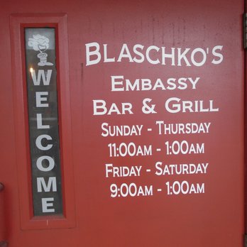 Blaschko's Embassy Bar & Grill - Hours of operation, front entry door. - American Near Me - St Peter, Minnesota Blaschko's Embassy Bar & Grill - Hours of operation, front entry door. - American Near Me - St Peter, Minnesota