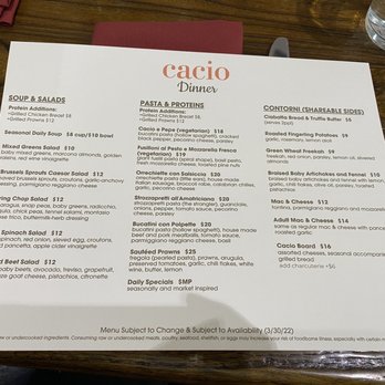 Cacio - Menu 3-30-2022 - Italian Near Me - Sacramento, California
