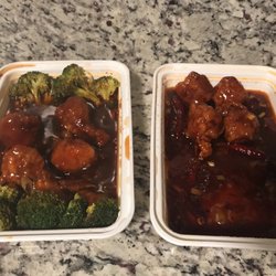 China King - Orange chicken on the right, general tso chicken on the left. NO difference in dish and sauce