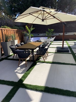 Concrete Patio - Concreté stamp patio pérgola and synthetic turf low voltage light Concrete Patio - Concreté stamp patio pérgola and synthetic turf low voltage light