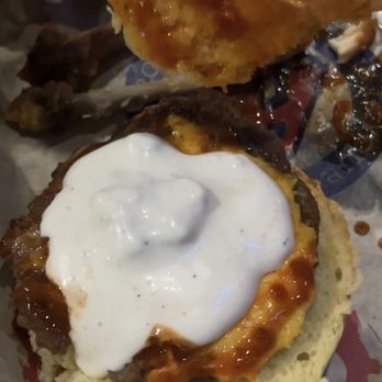 Arooga's - Cheeseburger sliders and wings basket with blue cheese sauce - American Near Me - Mechanicsburg, Pennsylvania Arooga's - Cheeseburger sliders and wings basket with blue cheese sauce - American Near Me - Mechanicsburg, Pennsylvania