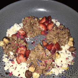 Vasarelli - Chocolate & frangelico mousse with white chocolate soil, hazelnuts & strawberries