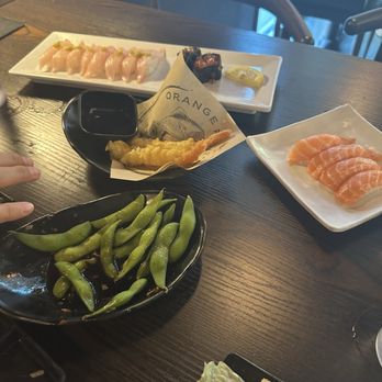 Orange Fish - Edamame (Soy Bean), Salmon Nigiri (Sushi), Yellowtail Nigiri (Sushi) - Ramen Near Me - La Verne, California Orange Fish - Edamame (Soy Bean), Salmon Nigiri (Sushi), Yellowtail Nigiri (Sushi) - Ramen Near Me - La Verne, California