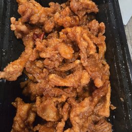 Thin strips of Orange chicken. Pieces were chewy, where's the meat? Thin strips of Orange chicken. Pieces were chewy, where's the meat?