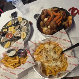 Oyster, castaway combo, lemon pepper fries, cajun pasta with shrimp Oyster, castaway combo, lemon pepper fries, cajun pasta with shrimp
