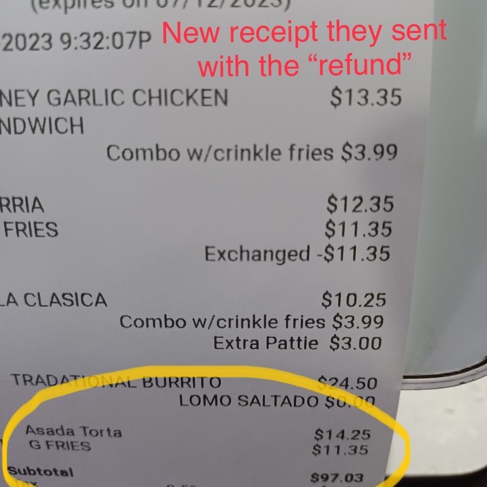 Hamburguetza - Receipt they sent me with the refund and the. The additional g fries - Burgers Near Me - North Hollywood, California