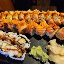 TORO Hibachi & Sushi - Honey wasabi roll, crazy salmon roll, and dinosaur roll