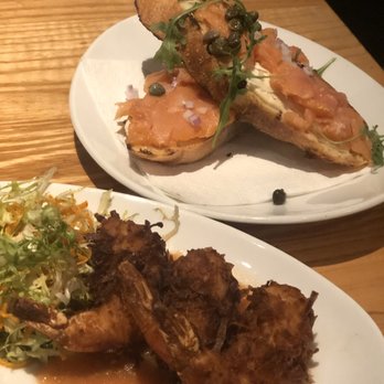 Moonraker Restaurant - Coconut shrimp and smoked salmon off of the starter menu. - New American Near Me - Pacifica, California