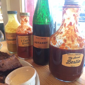 Salt + Smoke - Sauces: Mustardina (best) , I Can't Even (spicy), Hotangy (peculiar), Bestie (bbq?) - Bars Near Me - Saint Louis, Missouri Salt + Smoke - Sauces: Mustardina (best) , I Can't Even (spicy), Hotangy (peculiar), Bestie (bbq?) - Bars Near Me - Saint Louis, Missouri