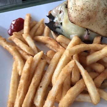 The Village Casino - Portabella Burger with Fries - New American Near Me - Bemus Point, New York