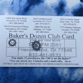 Mornings Kolaches - a business card for baker's dozen club card - Bakeries Near Me - Deer Park, Texas Mornings Kolaches - a business card for baker's dozen club card - Bakeries Near Me - Deer Park, Texas