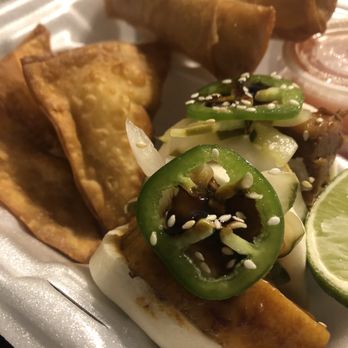 Bonzai Boyz - Pork Belly street taco(front), spring rolls (back) and crab ragoons (left) - Food Trucks Near Me