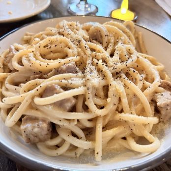 Rusticucina - Bucatini Cacio e Pepe with sausage - Italian Near Me - San Diego, California Rusticucina - Bucatini Cacio e Pepe with sausage - Italian Near Me - San Diego, California