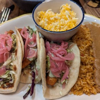 Azul Cantina - Baja fish tacos, refried beans and rice (and cheese actually for my wife's fajitas). - Tex-Mex Near Me - Pigeon Forge, Tennessee