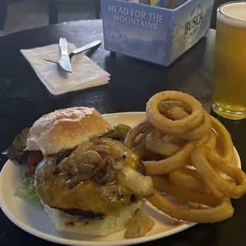 Johnny's Little Bar - Cheddar cheese burger with sautéed onions and onion rings. - American Near Me - Cleveland, Ohio