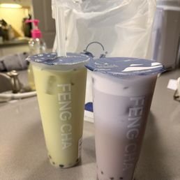 Iced Matcha Latte with oat milk and boba & Taro milk tea with boba