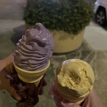 Sampaguita - Ube (left) and soy sauce butterscotch (right) - Ice Cream & Frozen Yogurt Near Me - Orlando, Florida Sampaguita - Ube (left) and soy sauce butterscotch (right) - Ice Cream & Frozen Yogurt Near Me - Orlando, Florida