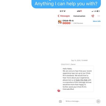 Chick-fil-A - I'm responding to their PM via text as per their request. Unfortunately, they didn't respond further. - Fast Food Near Me - Pasadena, California Chick-fil-A - I'm responding to their PM via text as per their request. Unfortunately, they didn't respond further. - Fast Food Near Me - Pasadena, California