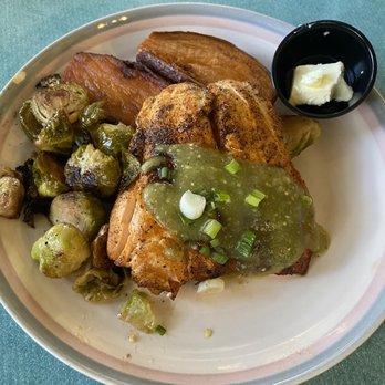 The Tin Trout - blackened salmon; Brussels sprouts; roasted sweet potato - New American Near Me - Newland, North Carolina The Tin Trout - blackened salmon; Brussels sprouts; roasted sweet potato - New American Near Me - Newland, North Carolina