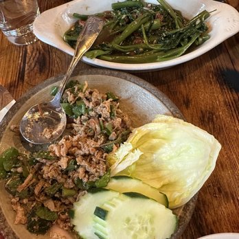 Mahaniyom - forgot to take a pic before we started eating :  larb ped (bottom - duck larb)  PAK BOONG FAI DANG (top - morning glory) - Cocktail Bars Near Me - Brookline, Massachusetts