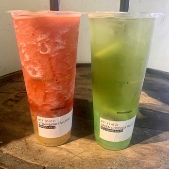 Ocha Time Tea & Creamery - Strawberry slush with mango jelly and green goddess (green tea with green apple jelly) - Bubble Tea Near Me - Charlotte, North Carolina Ocha Time Tea & Creamery - Strawberry slush with mango jelly and green goddess (green tea with green apple jelly) - Bubble Tea Near Me - Charlotte, North Carolina
