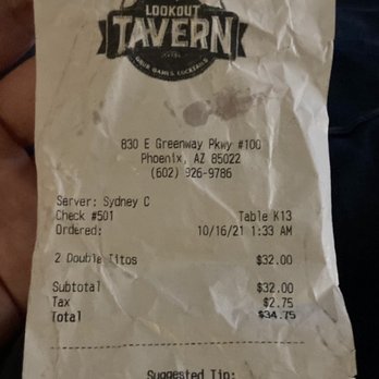 Lookout Tavern - After a long wait. Closed out. Doesn't even include $150 my bf spent. - Cocktail Bars Near Me - Phoenix, Arizona Lookout Tavern - After a long wait. Closed out. Doesn't even include $150 my bf spent. - Cocktail Bars Near Me - Phoenix, Arizona