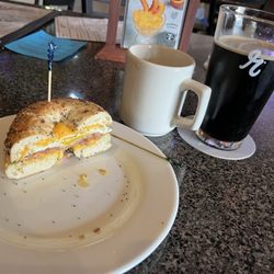 Extremes Sports Grill & Pizzeria - Bagel sandwich, coffee, and a Robust Porter