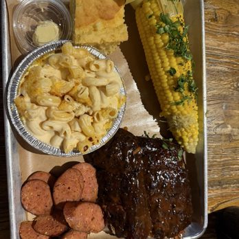 Bad to the Bone BBQ - Combo plate, ribs, smoked sausage, Mac n cheese, corn on the cob, corn bread - Barbeque Near Me - San Juan Capistrano, California