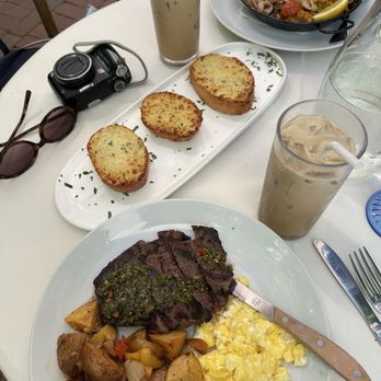 Cafe Wisteria - Steak and eggs, seafood dish, garlic bread - Cafes Near Me - Menlo Park, California