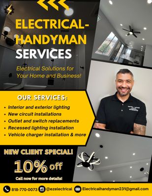 Mention 'Yelp' For 10% Off - Call now for your free estimate. Whether it's a minor repair or a major electrical upgrade, we will focus on quality craftsmanship and excellent customer service. We are a proud Veteran-owned, Family-owned, and Locally-owned business. We offer versatile solutions for all your household needs, specializing in both general handyman services and EXPERT electrical work. We are an insured business. Mention 'Yelp' For 10% Off - Call now for your free estimate. Whether it's a minor repair or a major electrical upgrade, we will focus on quality craftsmanship and excellent customer service. We are a proud Veteran-owned, Family-owned, and Locally-owned business. We offer versatile solutions for all your household needs, specializing in both general handyman services and EXPERT electrical work. We are an insured business.