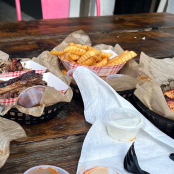 The Backyard - meat plate.. pull pork, brisket and a order of smoked wings. - Burgers Near Me - New Orleans, Louisiana
