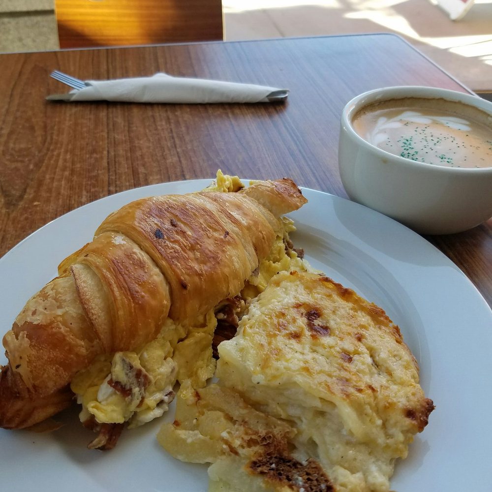 Le Coffee Shop - Breakfast Sandwich with feta and bacon, side of scalloped potatoes. - Breakfast & Brunch Near Me - Temecula, California