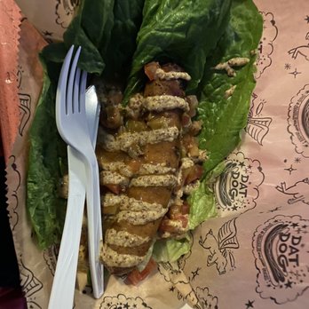 Dat Dog - Crawfish dog with crawfish étouffe on lettuce - Hot Dogs Near Me - New Orleans, Louisiana