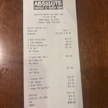 Absolute Noodle and Sushi Bar - As you can see service will vary because there is a mandatory tipping policy. I don't like that they do this in this area. - Asian Fusion Near Me - Washington, DC, District of Columbia Absolute Noodle and Sushi Bar - As you can see service will vary because there is a mandatory tipping policy. I don't like that they do this in this area. - Asian Fusion Near Me - Washington, DC, District of Columbia