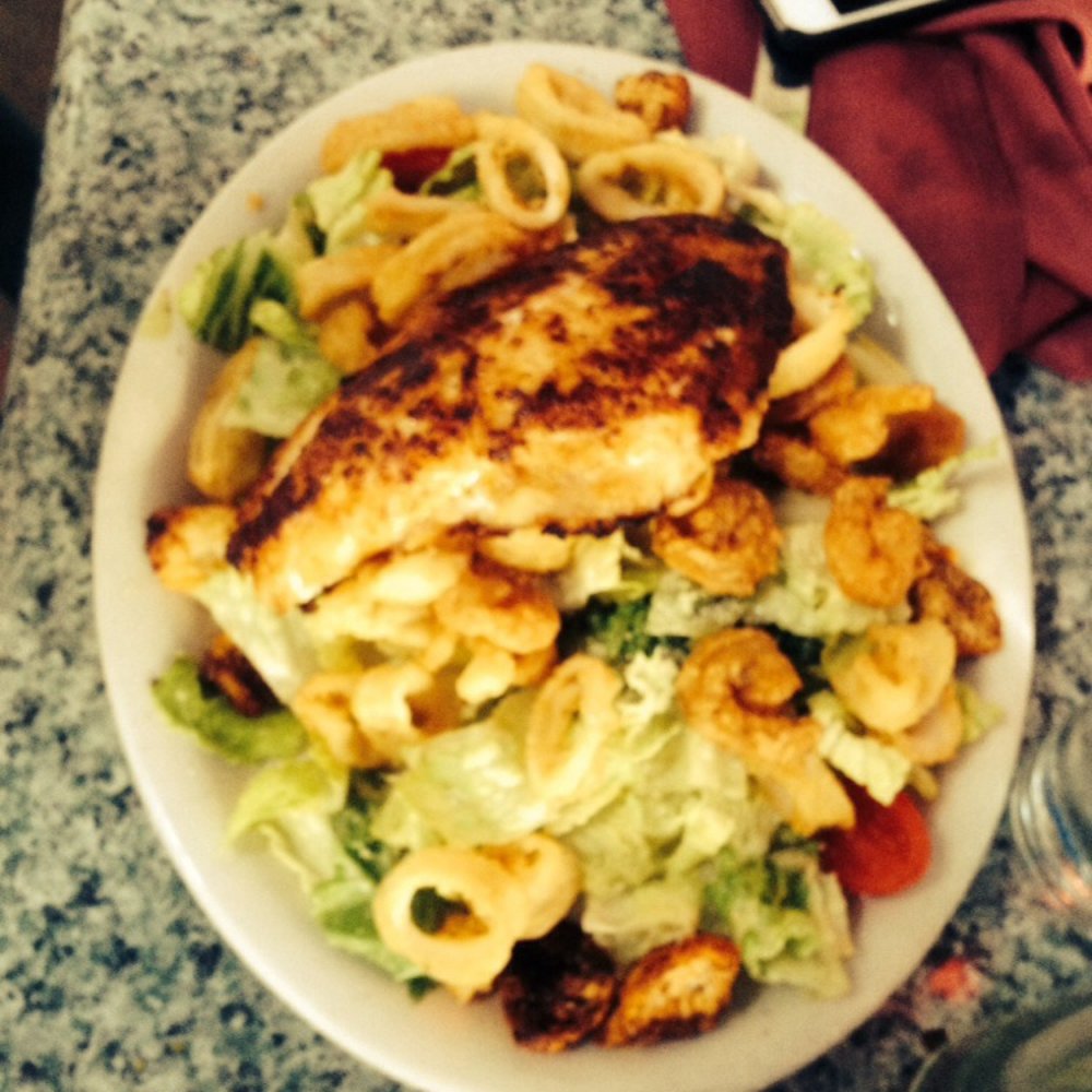 Keylime Bistro - Blackened grouper with crisp salad with shrimp and calamari - Seafood Near Me - Captiva, Florida Keylime Bistro - Blackened grouper with crisp salad with shrimp and calamari - Seafood Near Me - Captiva, Florida