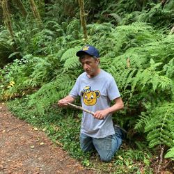 Skunk Cabbage Trail - Hiker (me) kneeling next to the trail.  I'm wearing a Cal hat and a Cal Oski bear T-shirt.