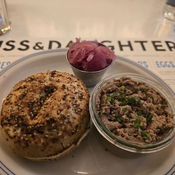 Russ & Daughters Cafe - Chopped liver with pickled onions and GF bagel - Bagels Near Me - New York, New York