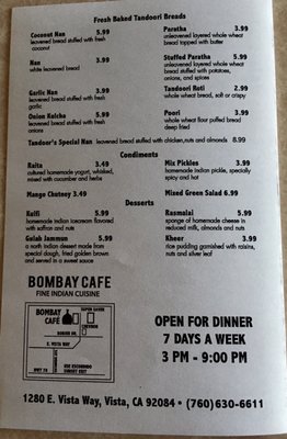 Menu photo 1 Bombay Cafe Vista, CA