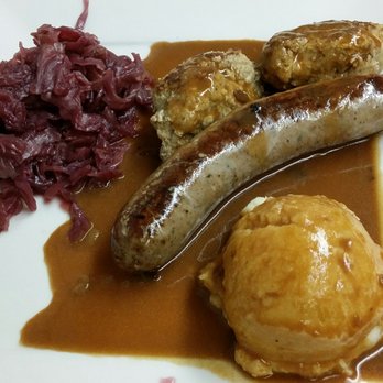 Red Viking Restaurant - Danish Sausage and Meatballs with a side of mashed potatoes and pickled red cabbage  $10. Everything was delicious cept the meatballs. - Breakfast & Brunch Near Me - Solvang, California
