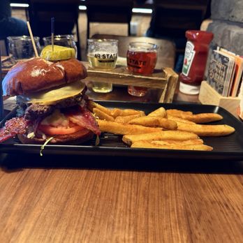 49th State Brewing - Ted Stevens - Yak burger and beer flight - Brewpubs Near Me - Anchorage, Alaska